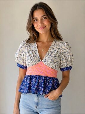 English Factory Floral Mixed-Media Print Puff Sleeve Top M